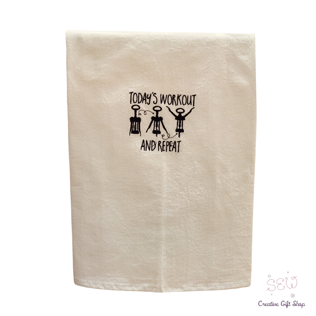 Today's workout wine corkscrews embroidered towel