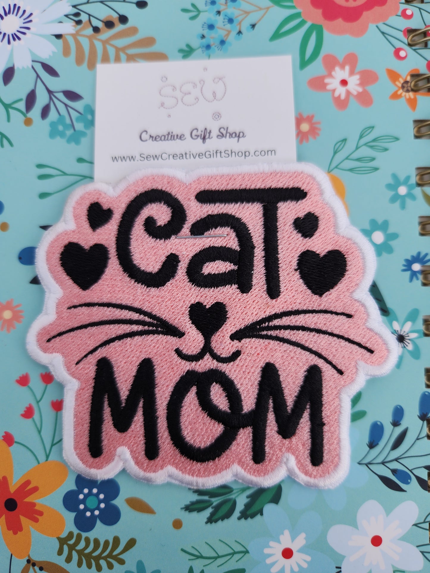 Cat Mom embroidered iron-on patch
