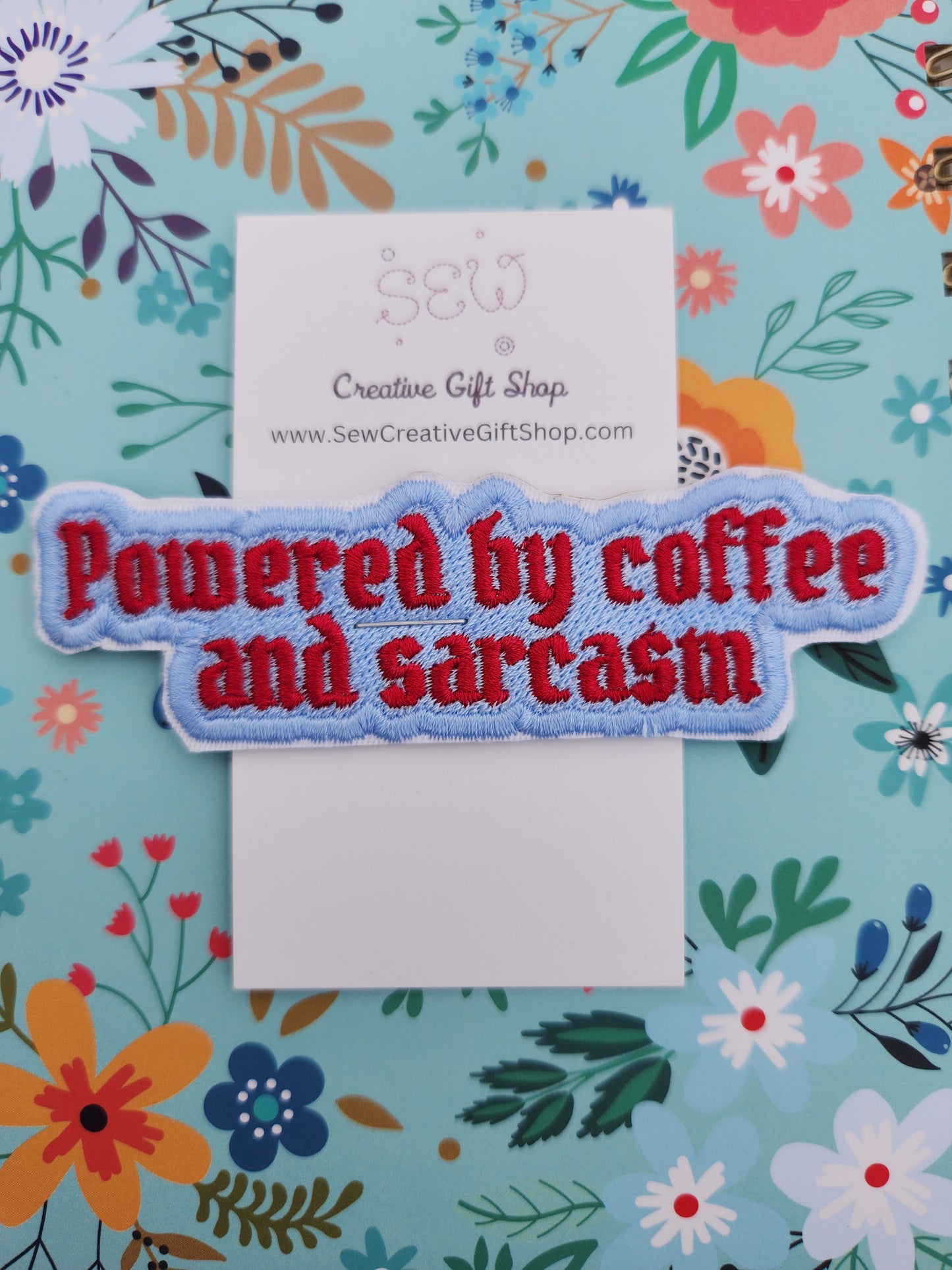 Powered by coffee and sarcasm embroidered iron-on patch