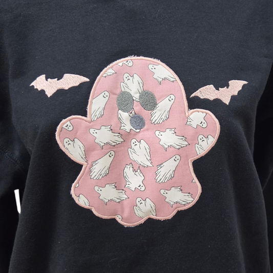 Glow-in-the-dark appliqued ghost with embroidered bats Halloween Adult Hooded Sweatshirt