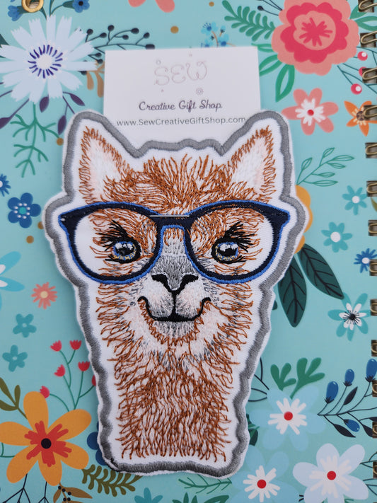 Llama with glasses embroidered iron-on patch