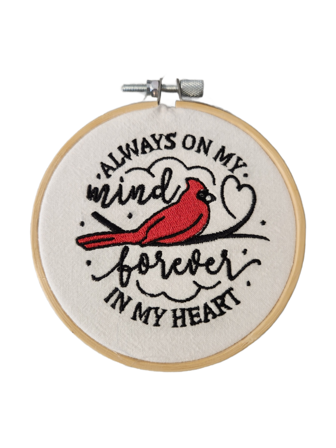 Cardinal Embroidered Ornament - Always on my mind forever in my heart