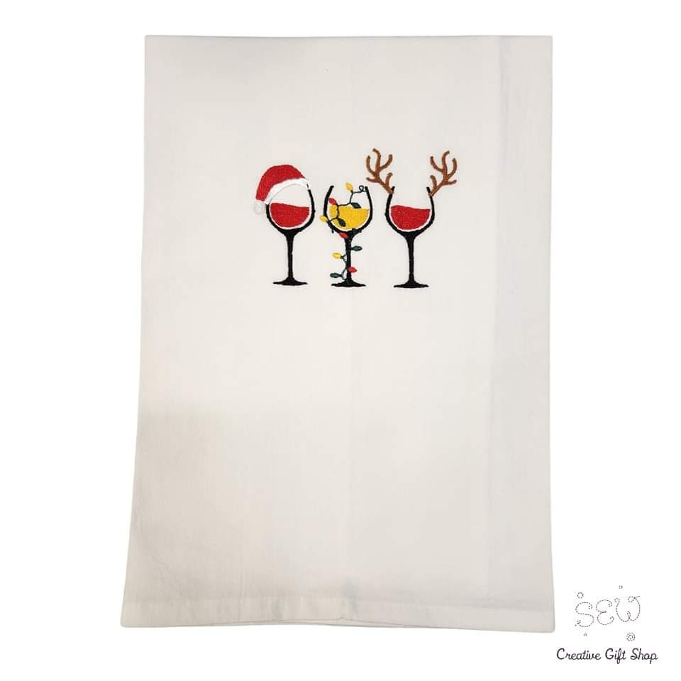 Christmas wine Santa reindeer Embroidered Towel