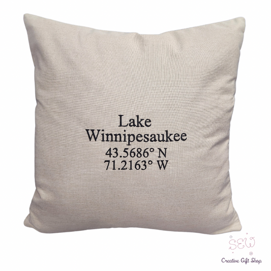 Lake Winnipesaukee Latitude and Longitude Pillow with cover and insert