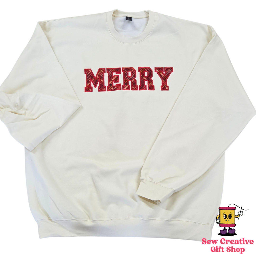 Merry applique Christmas Holiday Adult Crewneck Sweatshirt