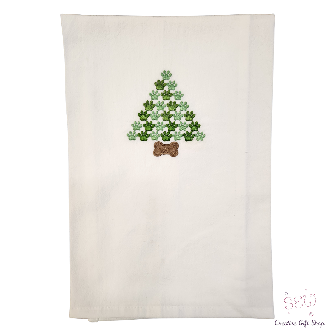 Pawprint Christmas Tree Embroidered Towel