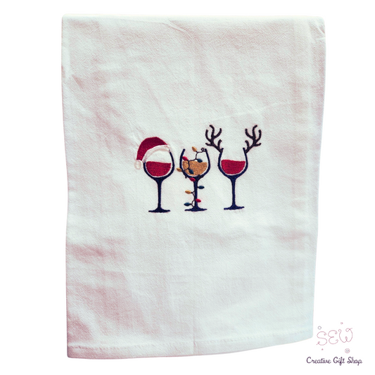 Christmas wine Santa reindeer Embroidered Towel