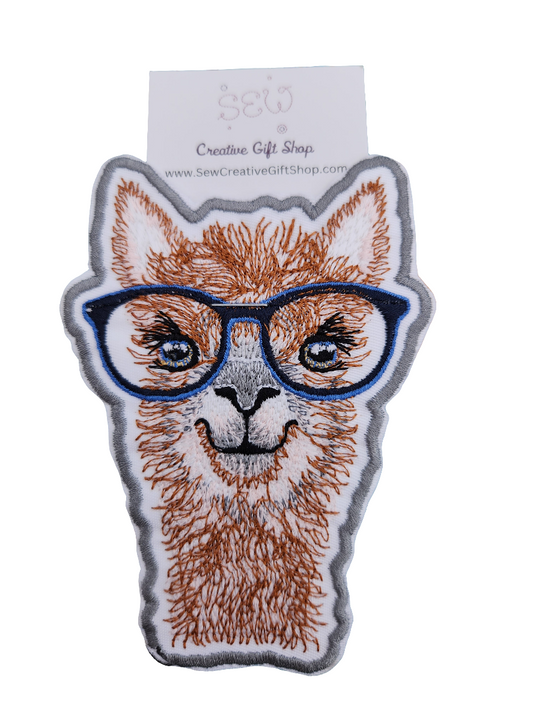 Llama with glasses embroidered iron-on patch