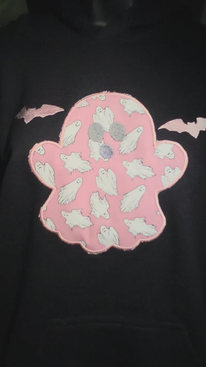 Glow-in-the-dark appliqued ghost with embroidered bats Halloween Adult Hooded Sweatshirt
