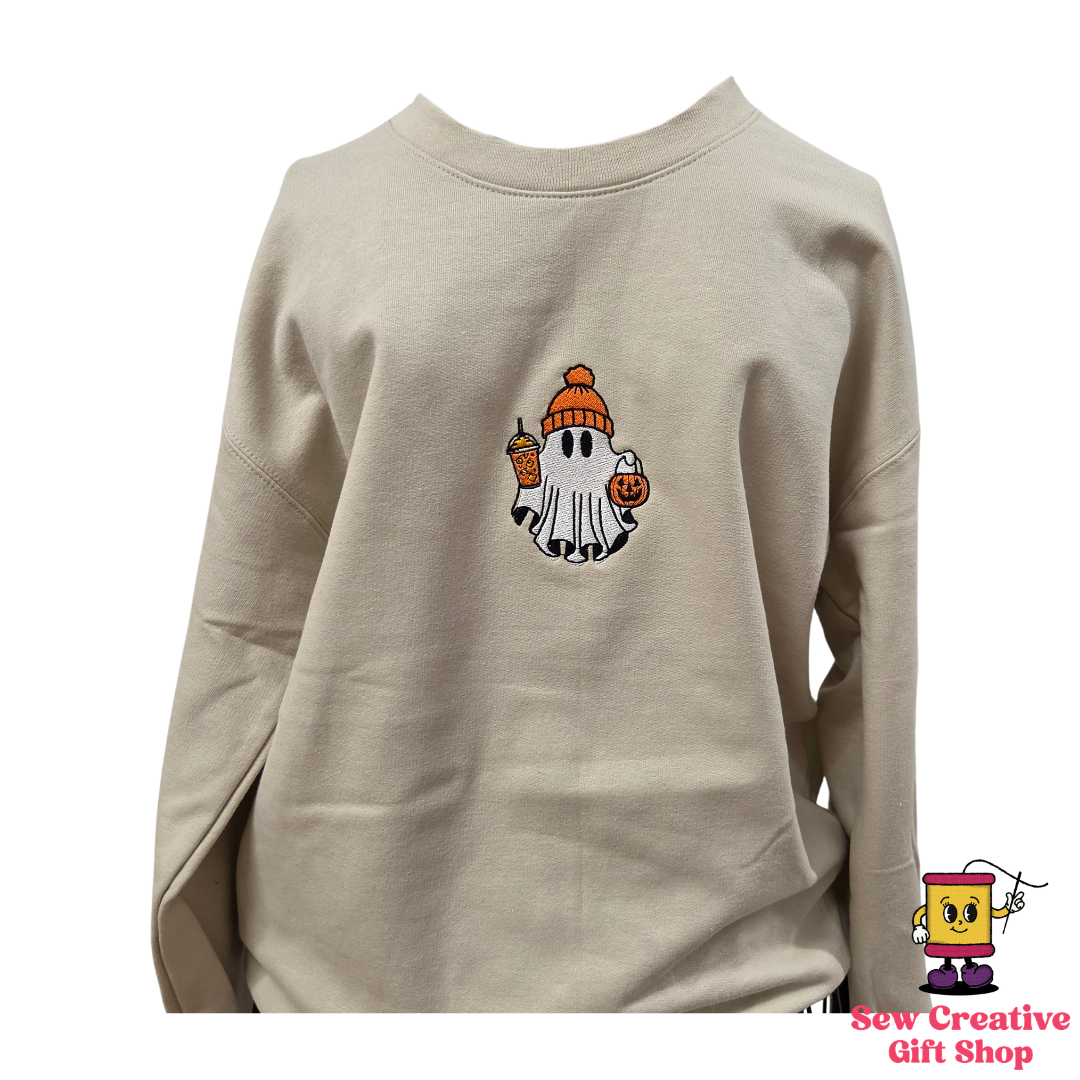 Ghost with iced coffee and trick or treat bucket Halloween Embroidered Adult Sweatshirt