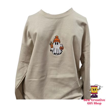 Ghost with iced coffee and trick or treat bucket Halloween Embroidered Adult Sweatshirt