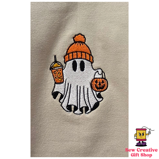 Ghost with iced coffee and trick or treat bucket Halloween Embroidered Adult Sweatshirt