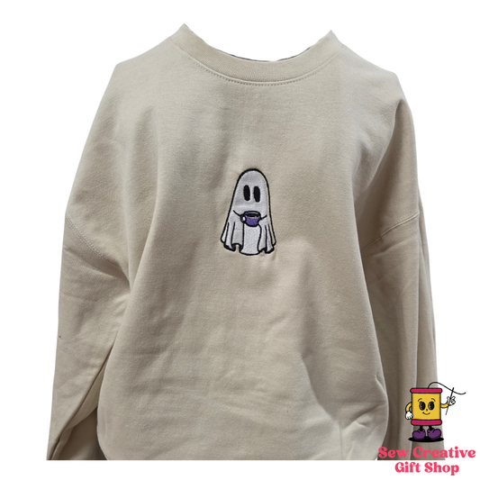 Ghost drinking coffee Halloween Embroidered Adult Sweatshirt