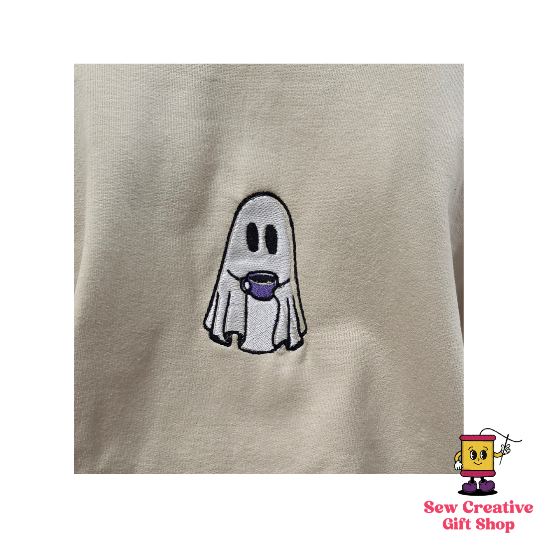 Ghost drinking coffee Halloween Embroidered Adult Sweatshirt