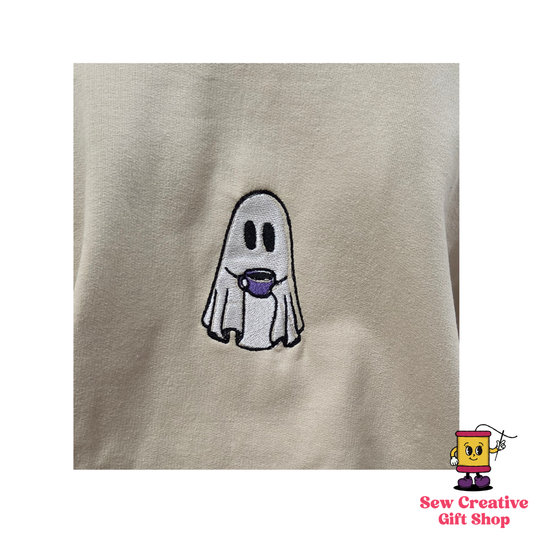 Ghost drinking coffee Halloween Embroidered Adult Sweatshirt