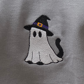 Cat ghost dressed up as a witch Halloween Embroidered Adult Sweatshirt