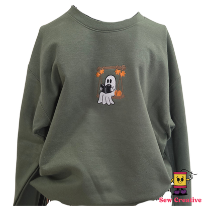 Ghost reading on a tree swing Halloween Embroidered Adult Sweatshirt