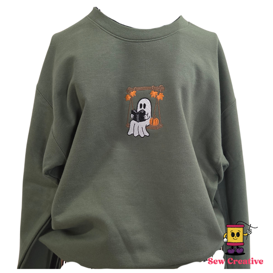 Ghost reading on a tree swing Halloween Embroidered Adult Sweatshirt