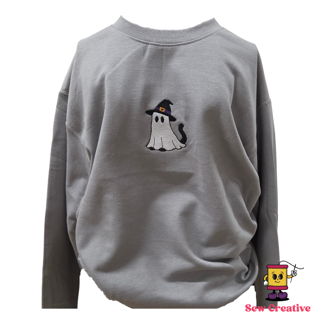 Cat ghost dressed up as a witch Halloween Embroidered Adult Sweatshirt