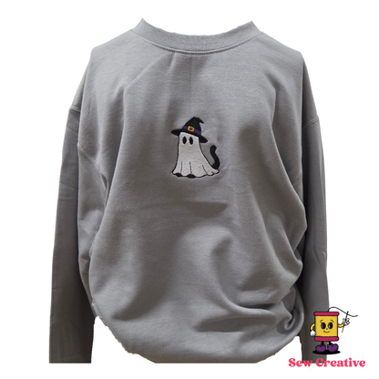Cat ghost dressed up as a witch Halloween Embroidered Adult Sweatshirt