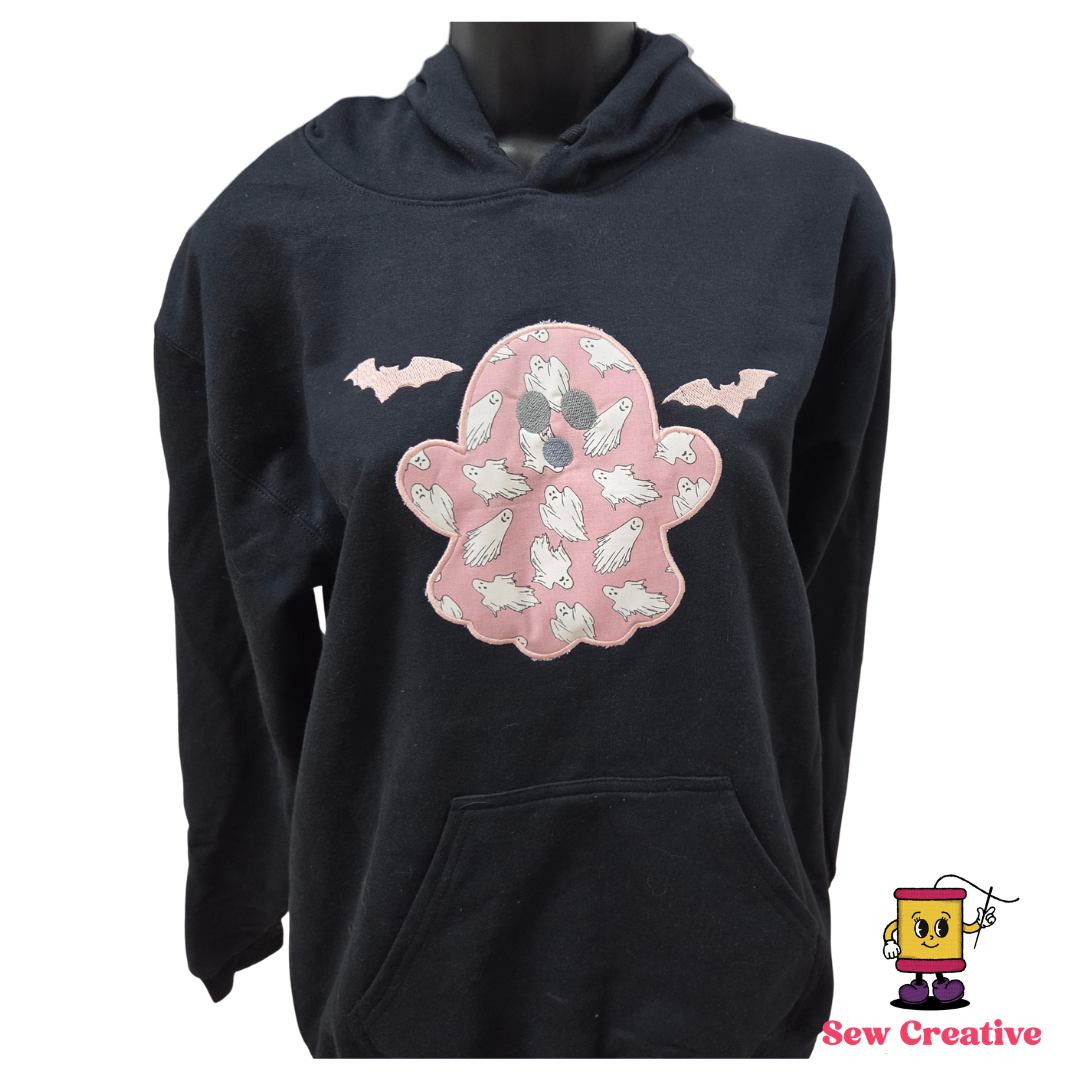 Glow-in-the-dark appliqued ghost with embroidered bats Halloween Adult Hooded Sweatshirt