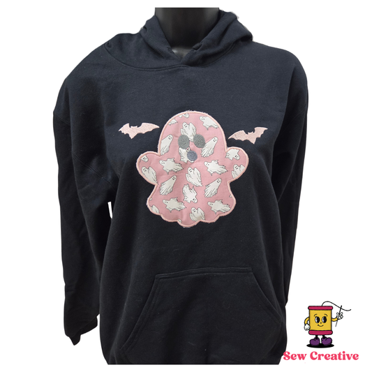 Glow-in-the-dark appliqued ghost with embroidered bats Halloween Adult Hooded Sweatshirt